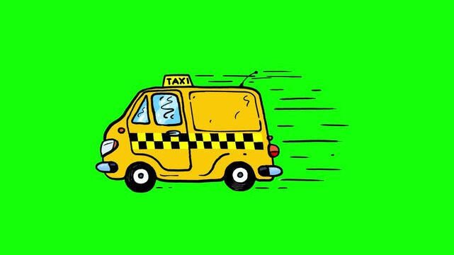 Taxi bus services car cartoon animation green screen. Fast driving isolated greenbox eamless loop.