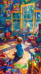 Fototapeta premium Boy sits in a colorful playroom, looking out the window on a sunny day, surrounded by toys and sunlight