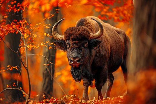 Bison in autumn forest portrait. European buffalo nature. Europe wisent. Bison national park in Poland, Belarus. Bialowieza wood. Wild cow. Bull landscape. Yellowstone fall species. Orange landscape