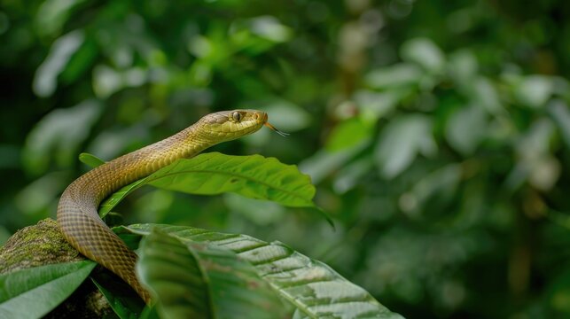 A Python snake with brown, black, and cream markings is coiled on a tree branch, its head raised in a defensive posture. The background is a blurred image of a lush green forest