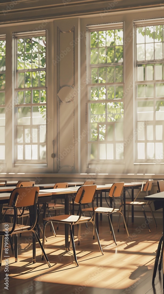 Poster sunlight streams into an empty classroom, creating a serene and nostalgic atmosphere. vintage design