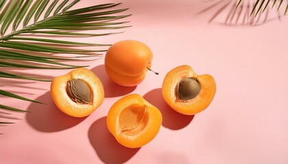 Apricot top view fruit on lite pink background