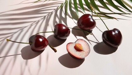 Cherries fruit top view with leaves