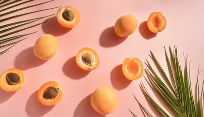 Apricot fruit top view on lite pink background