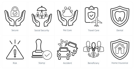 A set of 10 insurance icons as secure, social security, pet care