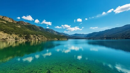  Tranquil mountain lake under a clear blue sky