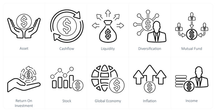 A set of 10 investment icons as asset, cash flow, liquidity