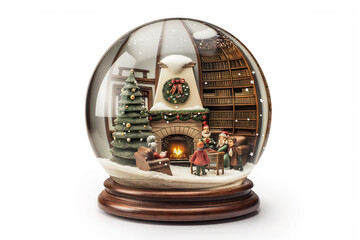 Family celebrating christmas gathering around fireplace in snow globe