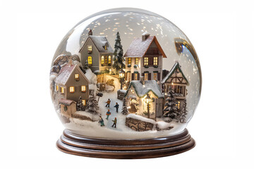 Christmas snow globe featuring a quaint european village and people ice skating