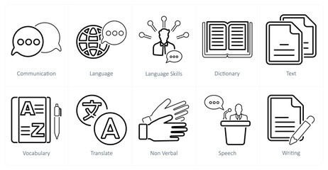 A set of 10 language icons as communication, language, language skills