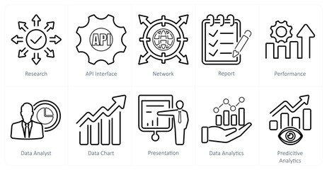 A set of 10 data analytics icons as research, api interface, network