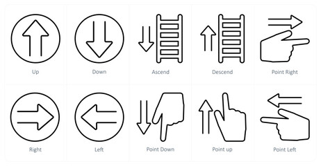 A set of 10 direction icons as up, down, ascend