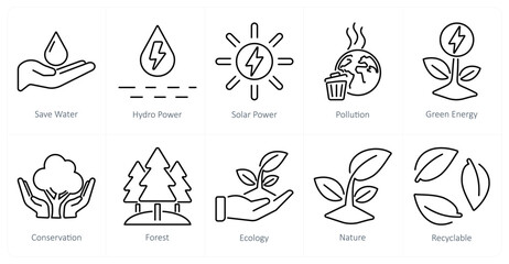 A set of 10 ecology icons as save water, hydro power, solar power