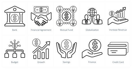 A set of 10 finance icons as bank, financial agreement, mutual funds