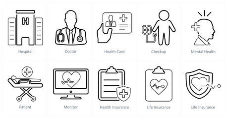 A set of 10 health checkup icons as hospital, doctor, health card