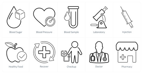 A set of 10 health checkup icons as blood sugar, blood pressure, blood sample
