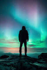 Fototapeta premium Hiker standing on mountain top admiring aurora borealis