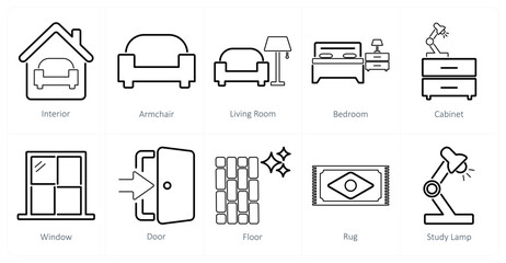 A set of 10 home interior icons as interior, arm chair, living room