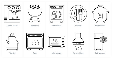 A set of 10 home appliances icons as coffee maker, barbecue, dishwaser
