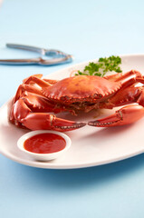 Seafood: baked crab served on a white plate against a light blue background