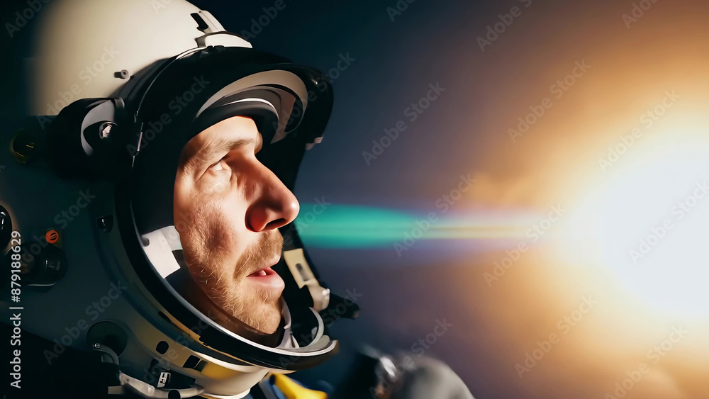 Wall mural brave astronaut sits in a spaceship while orbiting around the earth.