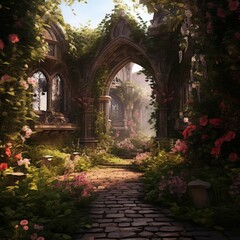 Fototapeta premium A beautiful and serene garden courtyard with stairs leading up to a fountain in the center. The courtyard is surrounded by lush greenery and flowers, creating a magical and enchanting atmosphere.