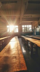 Sunlight fills an empty classroom, casting a nostalgic glow over rows of desks and chairs, evoking memories of school days past