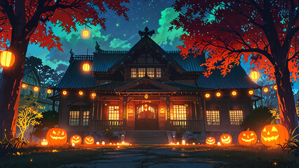 Obraz premium House decorated with Halloween night banner .AI generated 