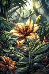 Fototapeta premium Vibrant orange lily flower in lush green jungle foliage with sunlight filtering through