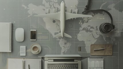 Top view of a flat lay workspace with travel and writing essentials, featuring a miniature airplane on a world map.