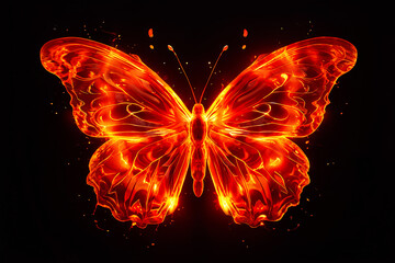 Abstract conceptual design - bright fiery butterfly on a dark background. Fire element, sparks and flames.