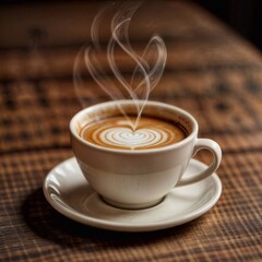 Cup of coffee with cream on a wooden table