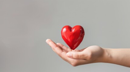 Fototapeta premium Female's hand holding red heart against white grey background