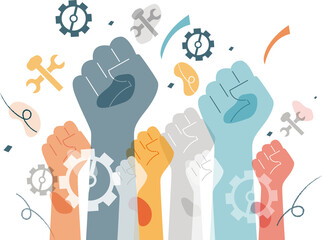 Hands with bolts and hammers. Labor Day conception.