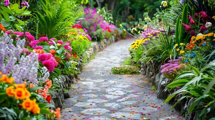 Obraz premium Colorful Garden Pathway Lined with Blooming Flowers and Lush Greenery 
