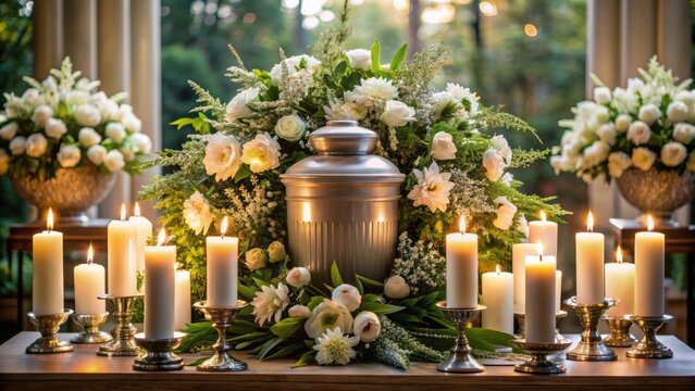 Elegant cremation urn on pedestal surrounded by solemn funeral flowers, candles, and somber memorial decorations in a serene atmosphere.