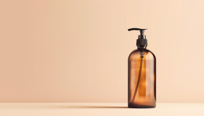 In the room, there is a bottle with a black pump, made of brown glass, placed on a table