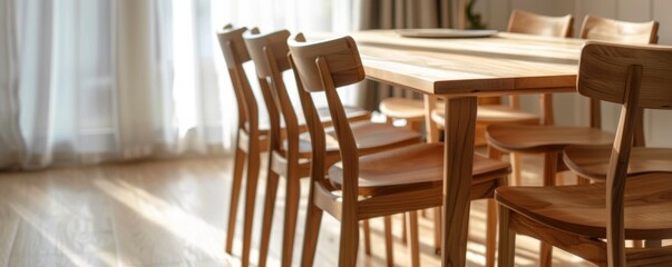 Sunlight streaming through a window illuminates a dining room featuring a beautifully crafted wooden table and chairs, creating a warm and inviting ambiance