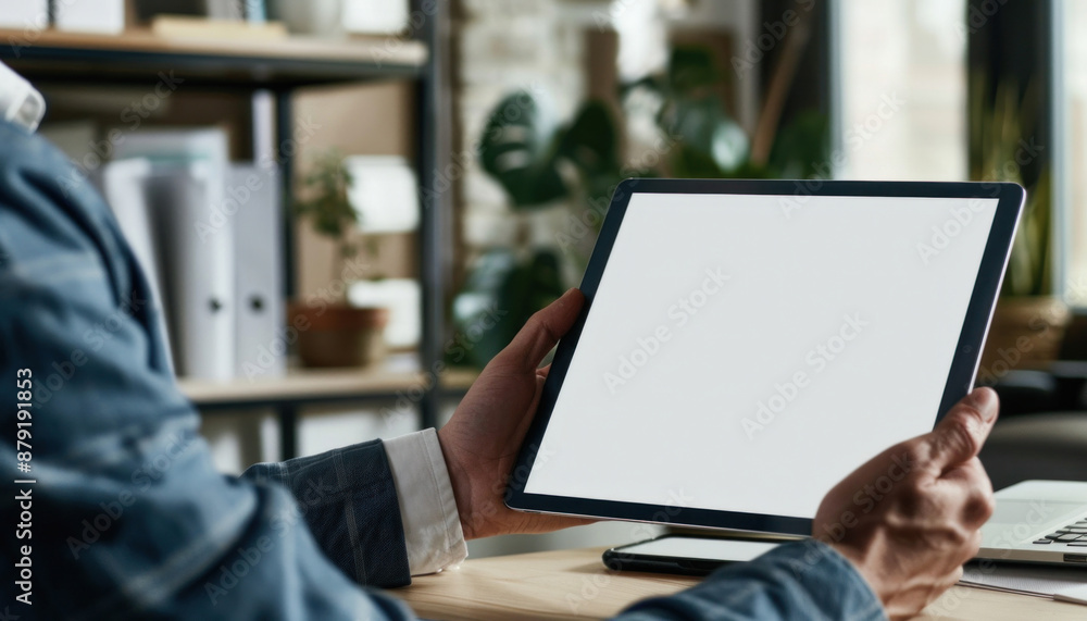 Poster a man holding a tablet with a blank screen, an output device used in engineering or office work