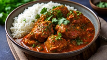 Fototapeta premium Delicious Indian cuisine Tandoori chicken with rice and herbs