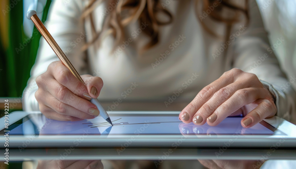 Poster a woman is using a tablet computer with a stylus pen, engaging with the digital display