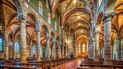 Obraz premium Massive Romanesque columns soar beneath vaulted ceilings, illuminating intricate stone carvings and majestic arched windows in ancient Treviso church.