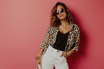 Photo of a fashionable young woman posing and holding a handbag in one hand, wearing a leopard print shirt with white pants and sneakers, smiling and looking at the camera