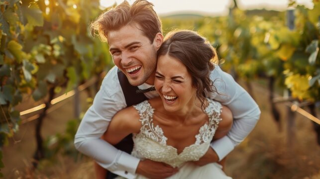 Happy groom piggybacking bride in vineyard - Powered by Adobe