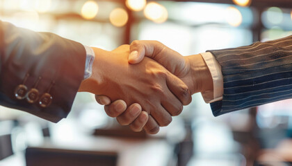 Two businessmen wearing formal suits are having a handshake indoors at a restaurant