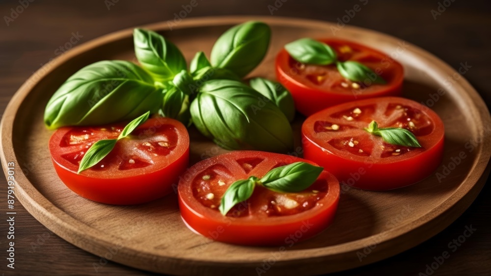 Wall mural  Freshly sliced tomatoes and basil leaves on a wooden plate