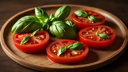  Freshly sliced tomatoes and basil leaves on a wooden plate