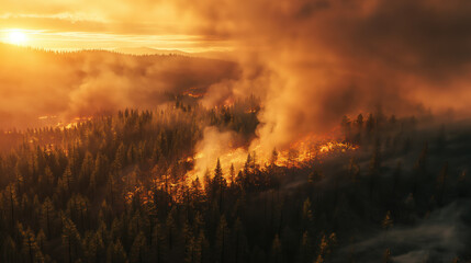 Aerial View of Extensive Forest Wildfire. the scale of a wildfire from the sky, vast stretches of forest on fire, smoke spreading across the horizon.