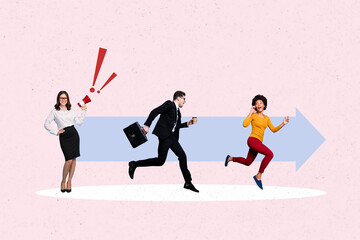 Composite photo collage of happy girls guy business colleagues promotion arrow concept megaphone...