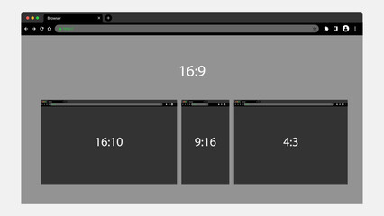 Dark Mode Browser Design Mockup. Laptop, Tablet, Smartphone Web UI. Vector.